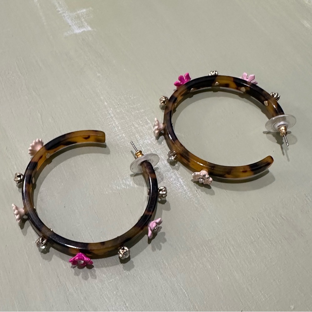 J Crew Tortoise Shell Hoop Earrings with Floral Accents